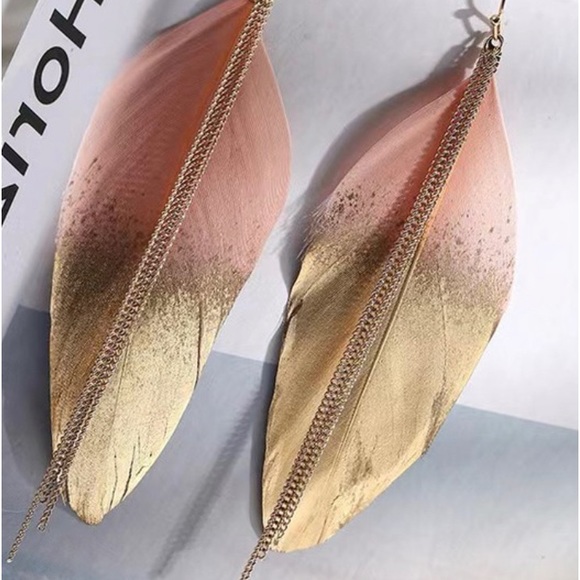 Feather Earrings Women Dangle Drop Bohemian Pink Gold Statement - Picture 2 of 3